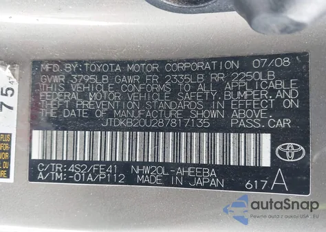 2008 Toyota Prius z USA, uszkodzony, nr VIN JTDKB20U287817135